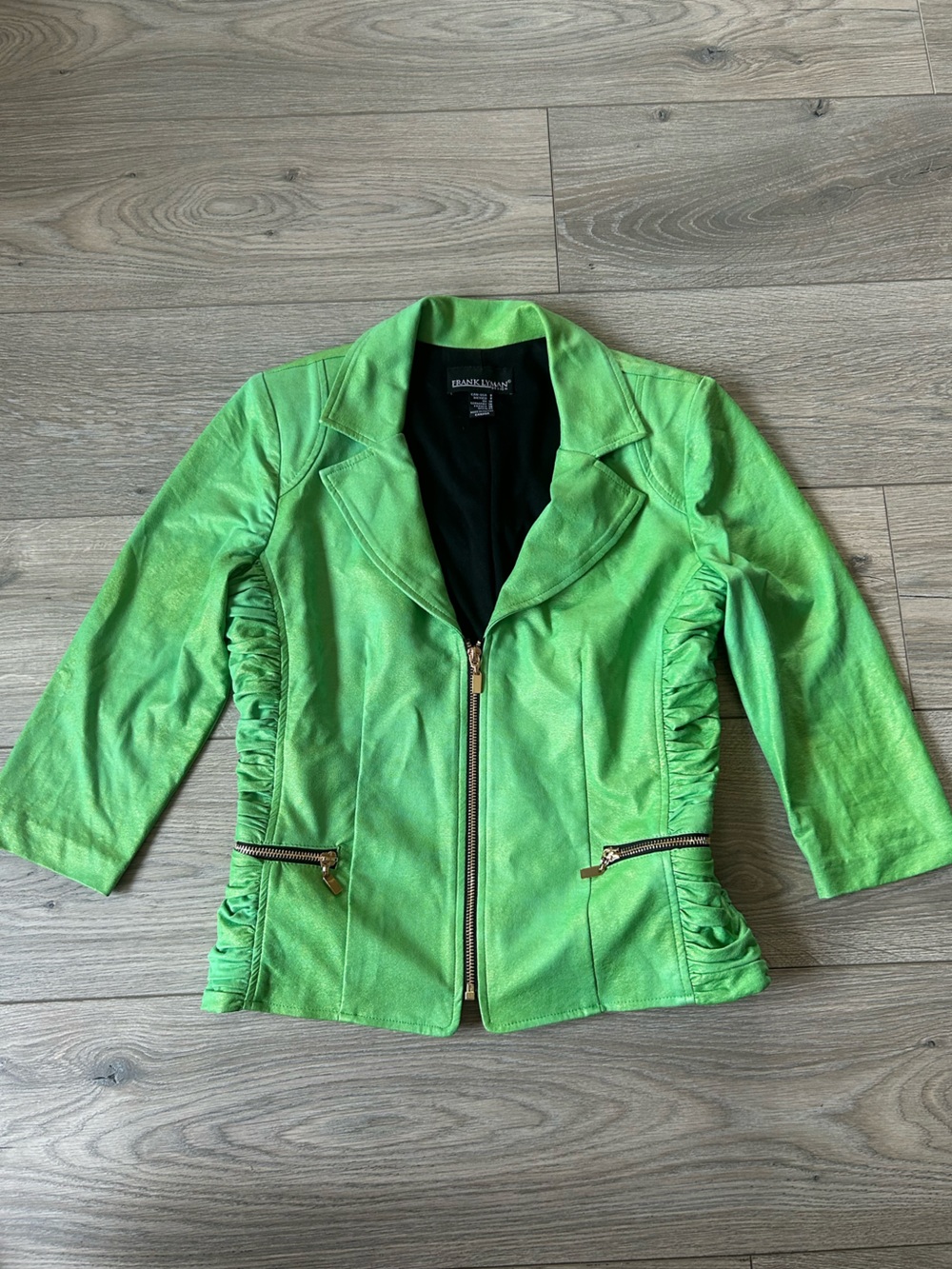 FRANK LYMAN Iridescent Lime Green Ruched detail Vintage Fitted Moto Jacket